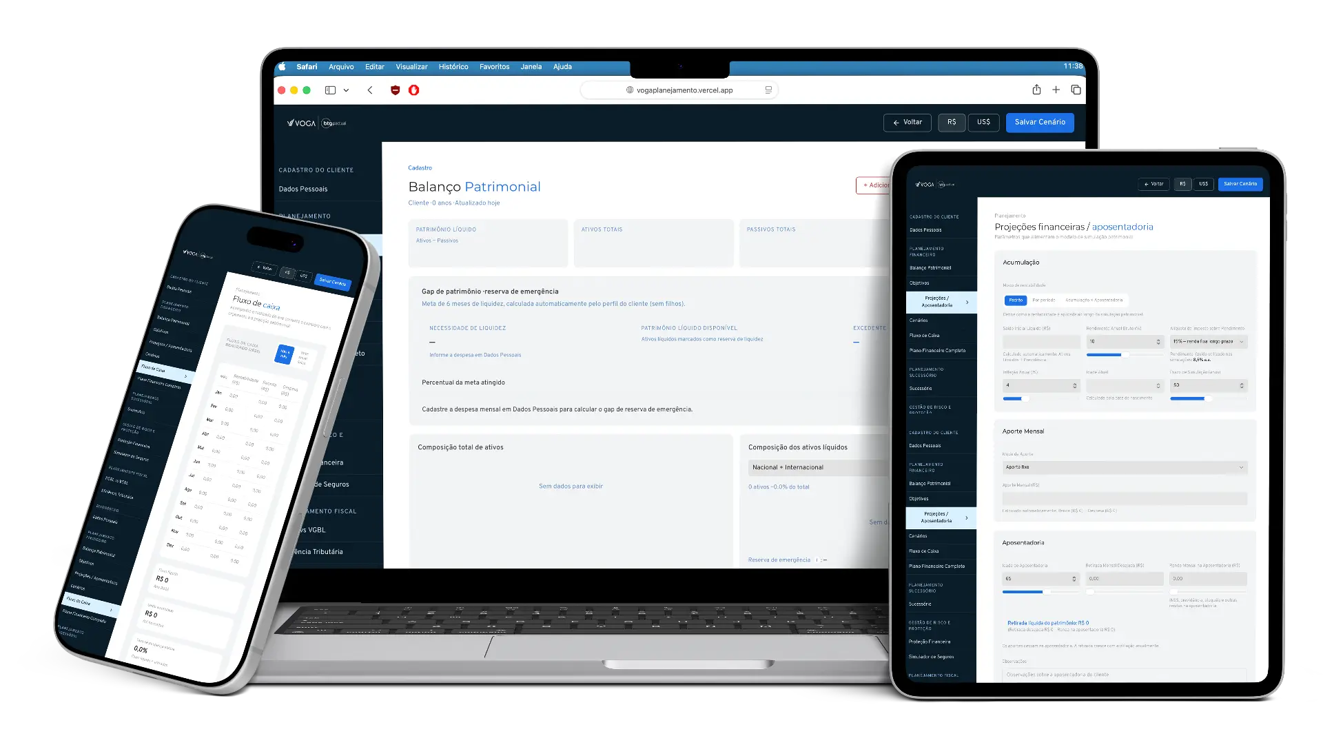 Plataforma Voga em múltiplos dispositivos: laptop, tablet e celular mostrando balanço patrimonial e projeções financeiras
